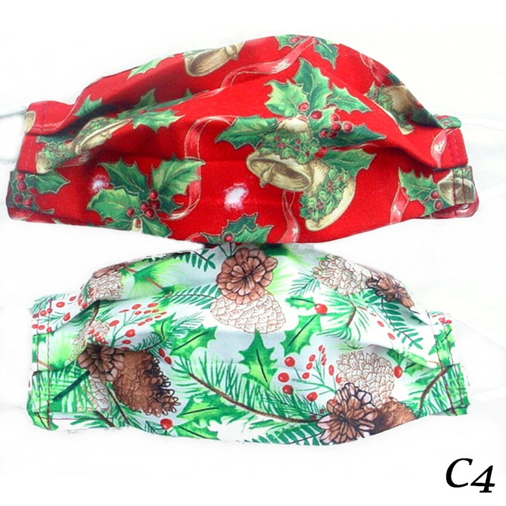 2 CHRISTMAS MASKS HOLLY BELLS PINE CONES 100% COTTON REVERSIBLE HANDMADE PLEATED